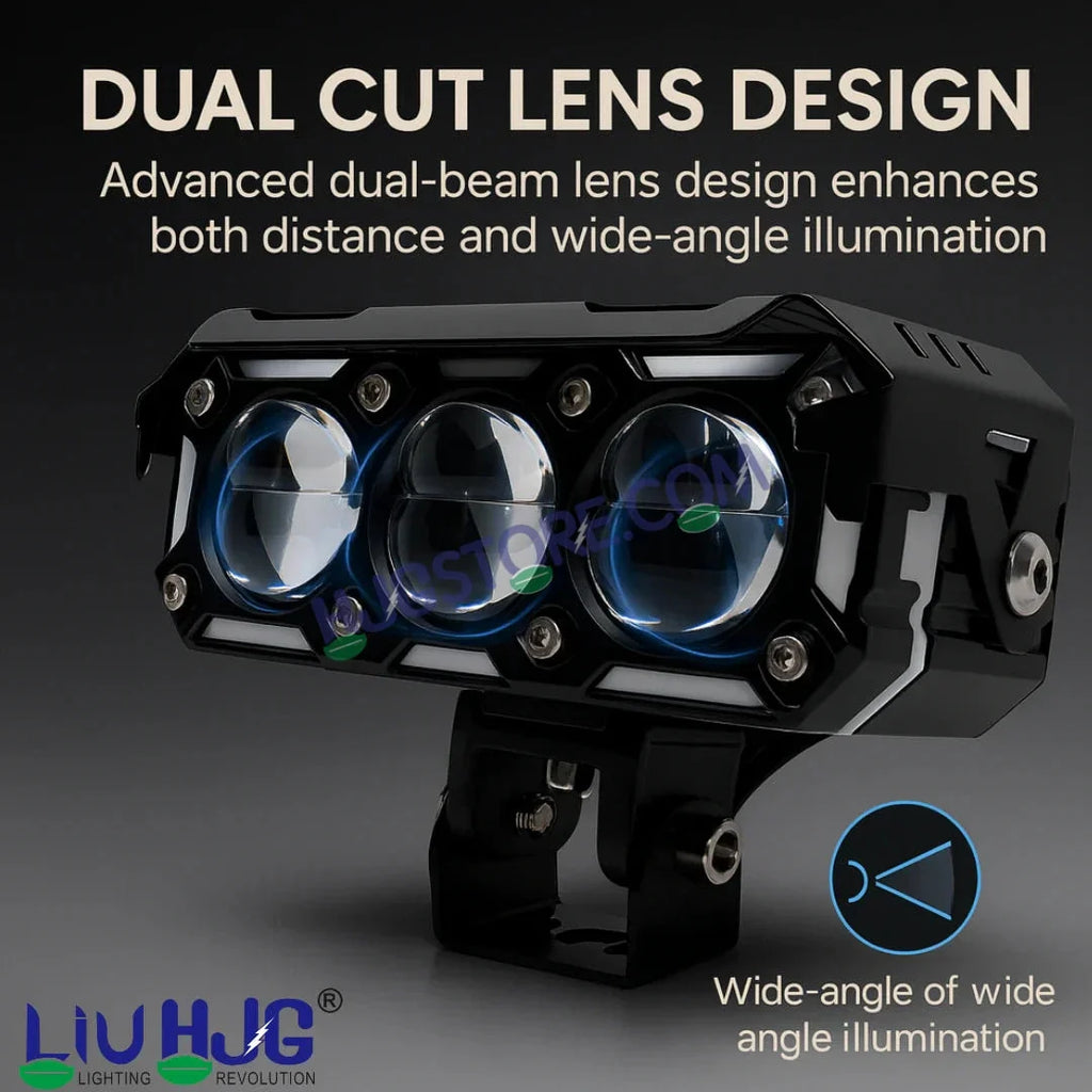 HJG New Future Eyes Ring DRL 3 LED Projector Foglight 240W with Wiring Harness Kit Red DRL/Amber Ring/White/Yellow Light 240W Foglight Ultra Wide Dual Intensity LED Driving Fog Lights Universal For All Cars & Bikes LIU HJG Ring 3 Lens Fog with Wiring Kit - HJGstore.com