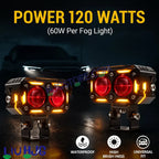 HJG New Future Eyes Ring DRL 2 LED Projector Foglight 120W with Wiring Harness Kit Red DRL/Amber Ring/White/Yellow Light 120W Foglight Ultra Wide Dual Intensity LED Driving Fog Lights Universal For All Cars & Bikes LIU HJG Ring 2 Lens Fog with Wiring Kit - HJGstore.com