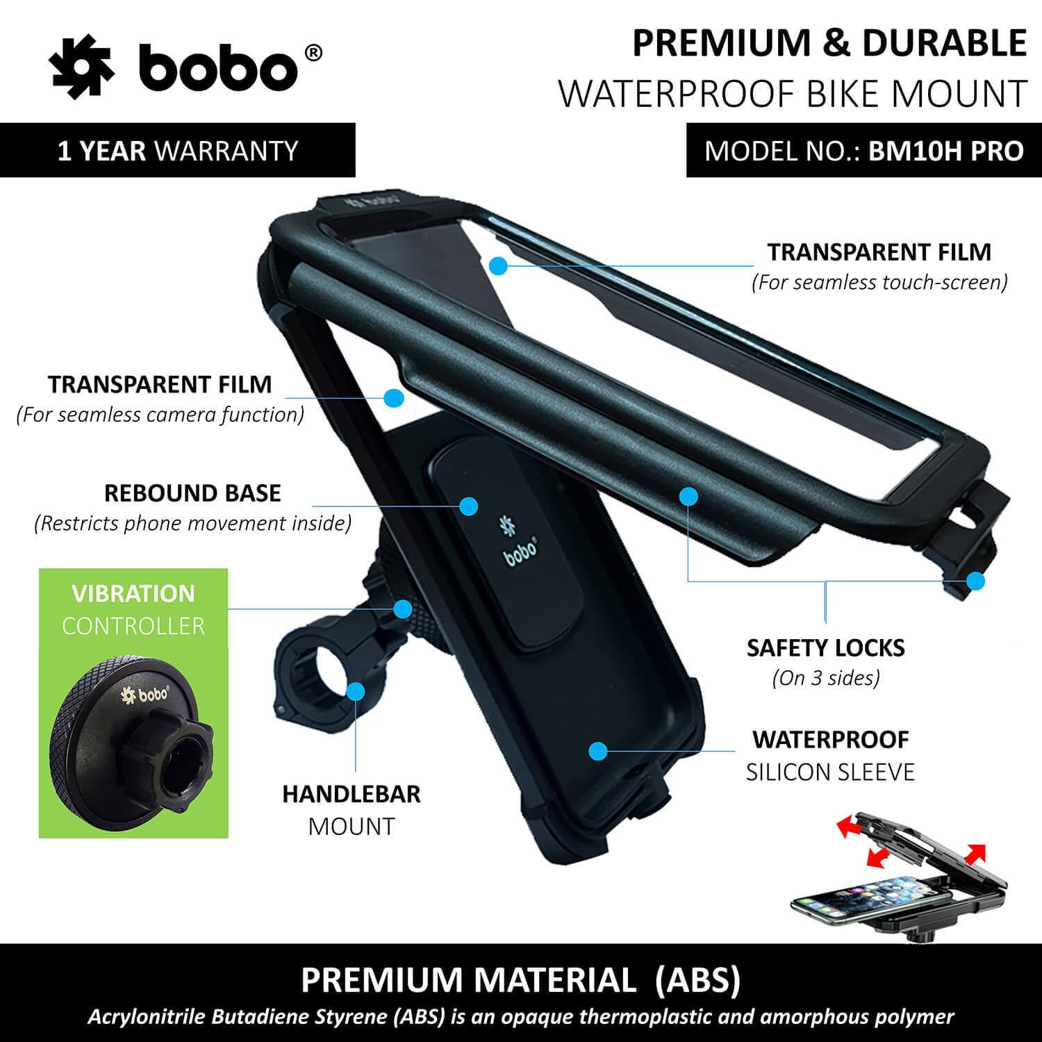BOBO BM10H PRO Fully Waterproof Bike / Cycle Phone Holder with Vibration Controller Motorcycle Mobile Mount - Image 2