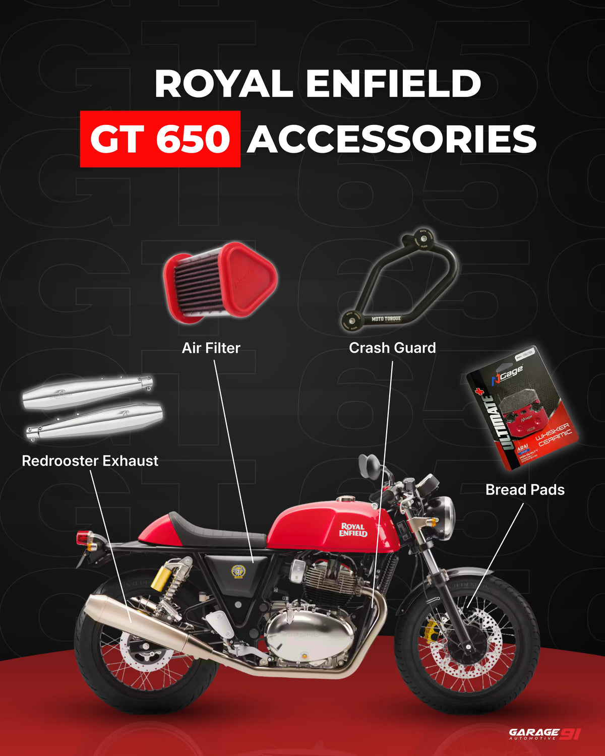 Royal Enfield GT 650 accessories including air filter, crash guard, redrooster exhaust, and bread pads on a black and red background.