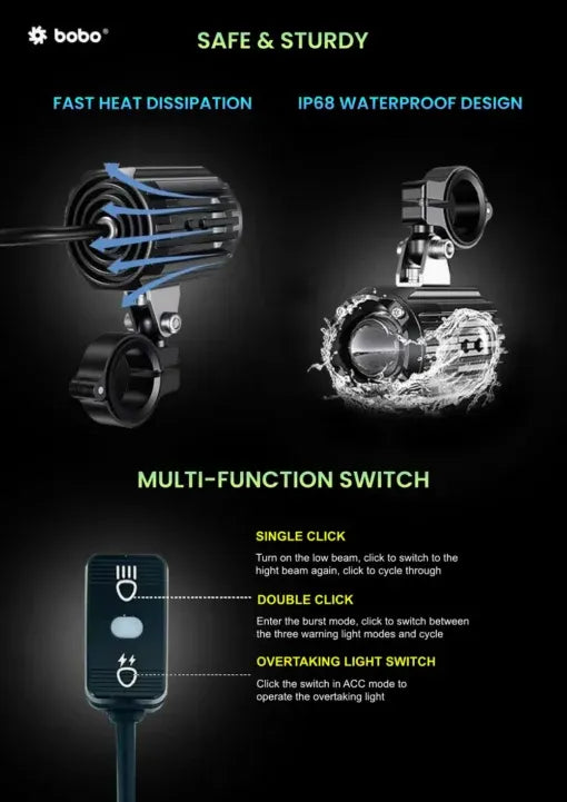Bobo BL1 Premium Auxiliary Lights – 6000 Lumens, 60W LED with Strobe Wiring Harness