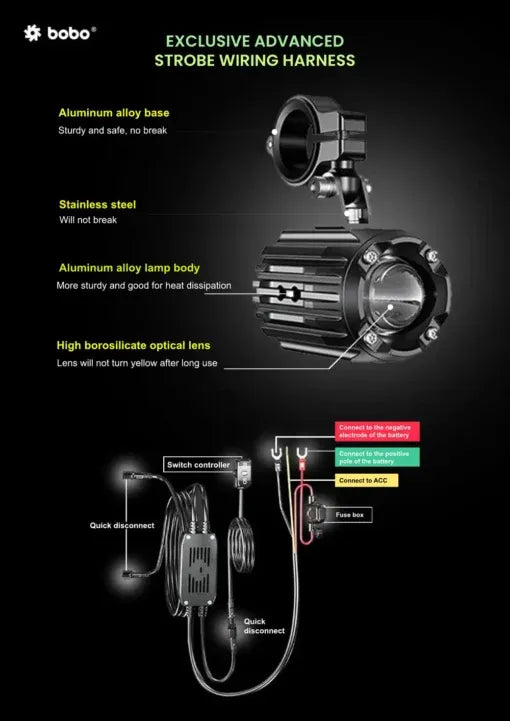 Bobo BL1 Premium Auxiliary Lights – 6000 Lumens, 60W LED with Strobe Wiring Harness