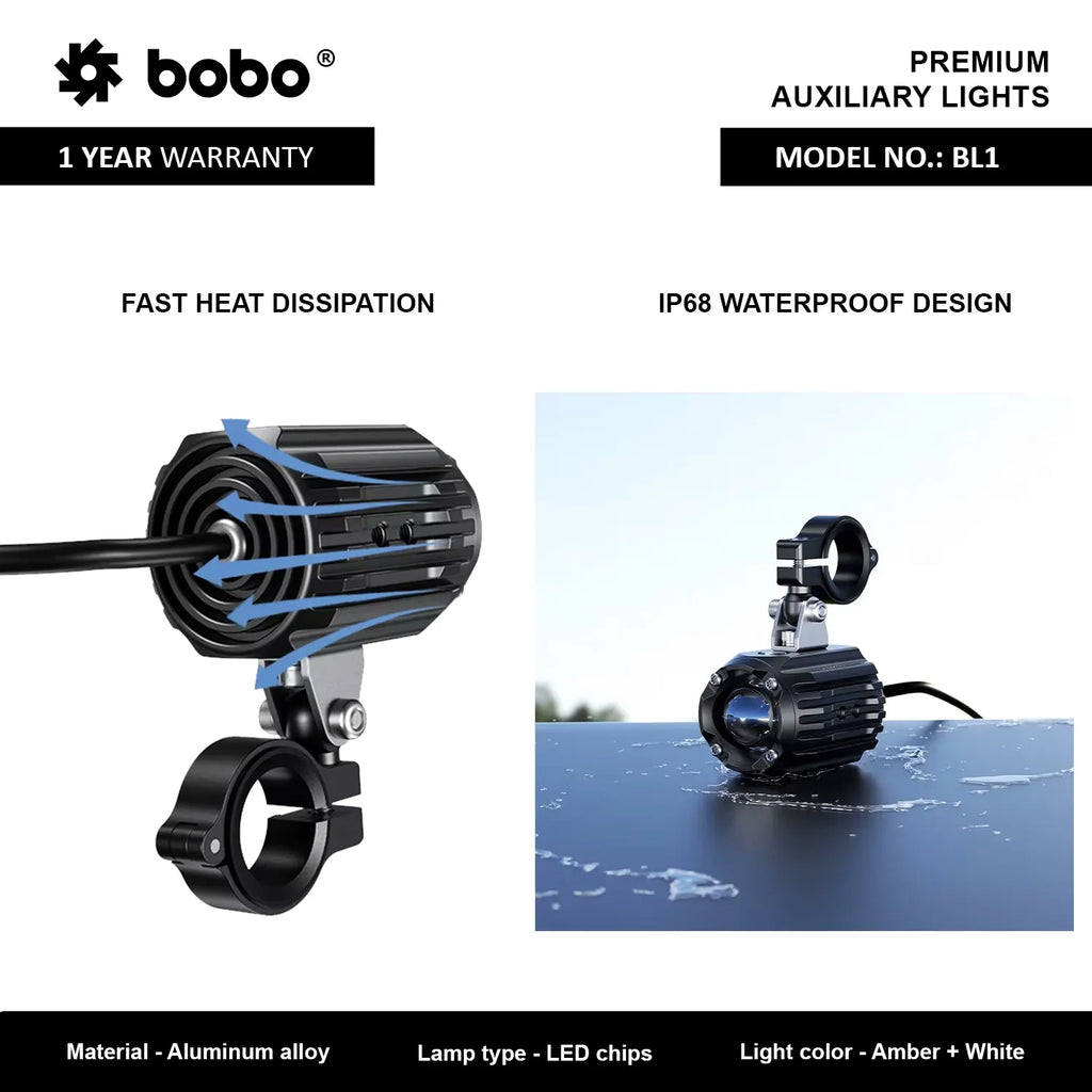 Bobo BL1 Premium Auxiliary Lights – 6000 Lumens, 60W LED with Strobe Wiring Harness