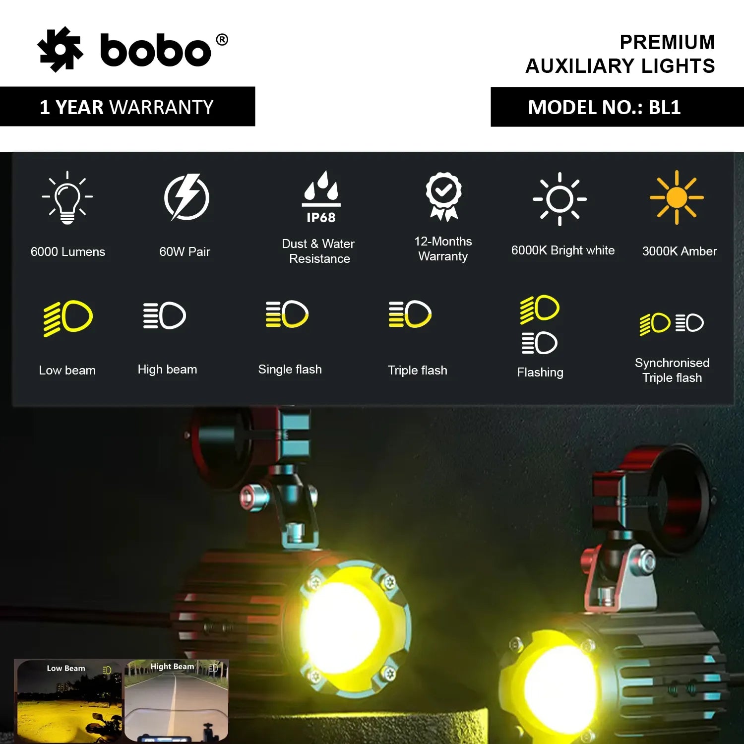 Bobo BL1 Premium Auxiliary Lights – 6000 Lumens, 60W LED with Strobe Wiring Harness